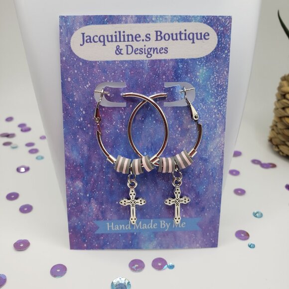 Hand Made Earrings Hoops With Crosses - Picture 3 of 3